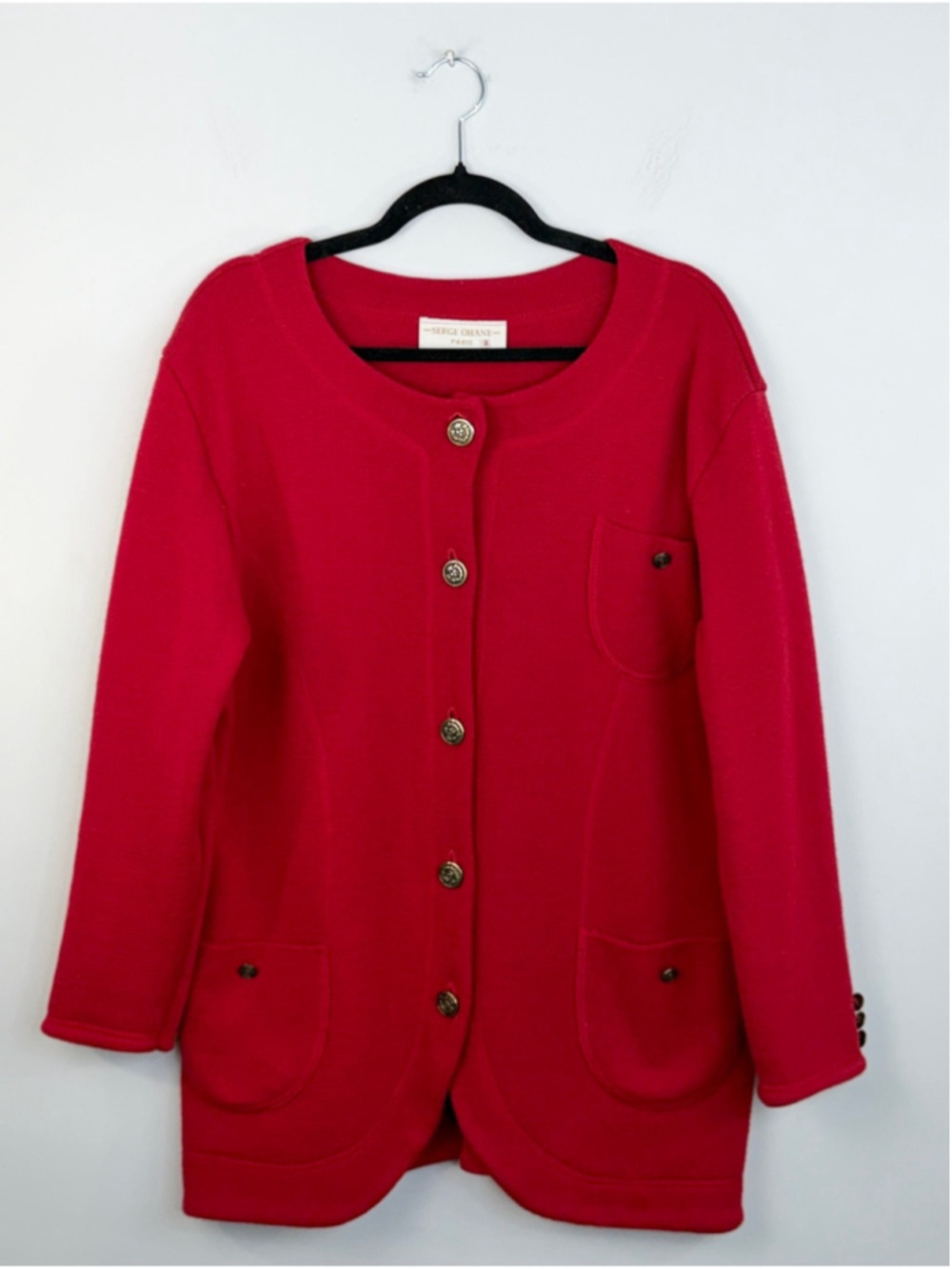 VTG 80s 90s French made wool blend boxy oversized red longline cardigan sweater - Picture 5 of 13